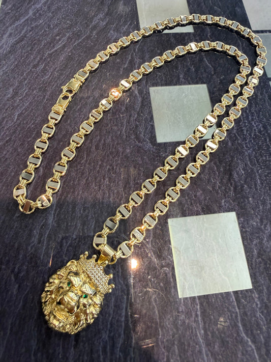 14 karaat Kingsley ketting, geel- en witgoud met leeuw hanger
