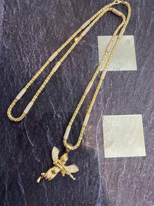 Prachtige 14 karaats gouden unieke ketting met engel hanger