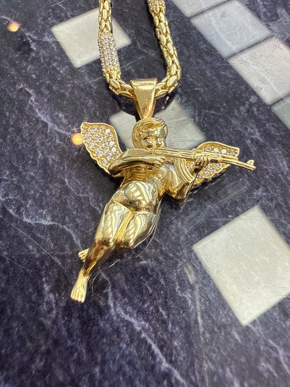 Prachtige 14 karaats gouden unieke ketting met engel hanger